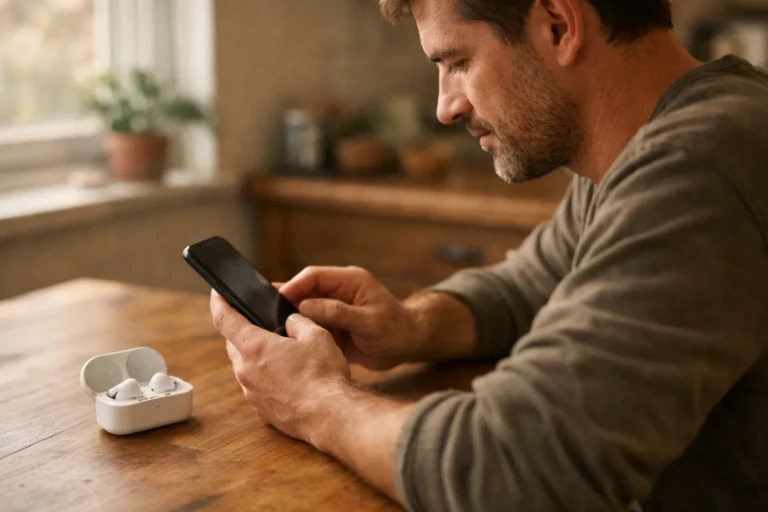 Iemand controleert het geluid op een telefoon met oordopjes op de keukentafel.