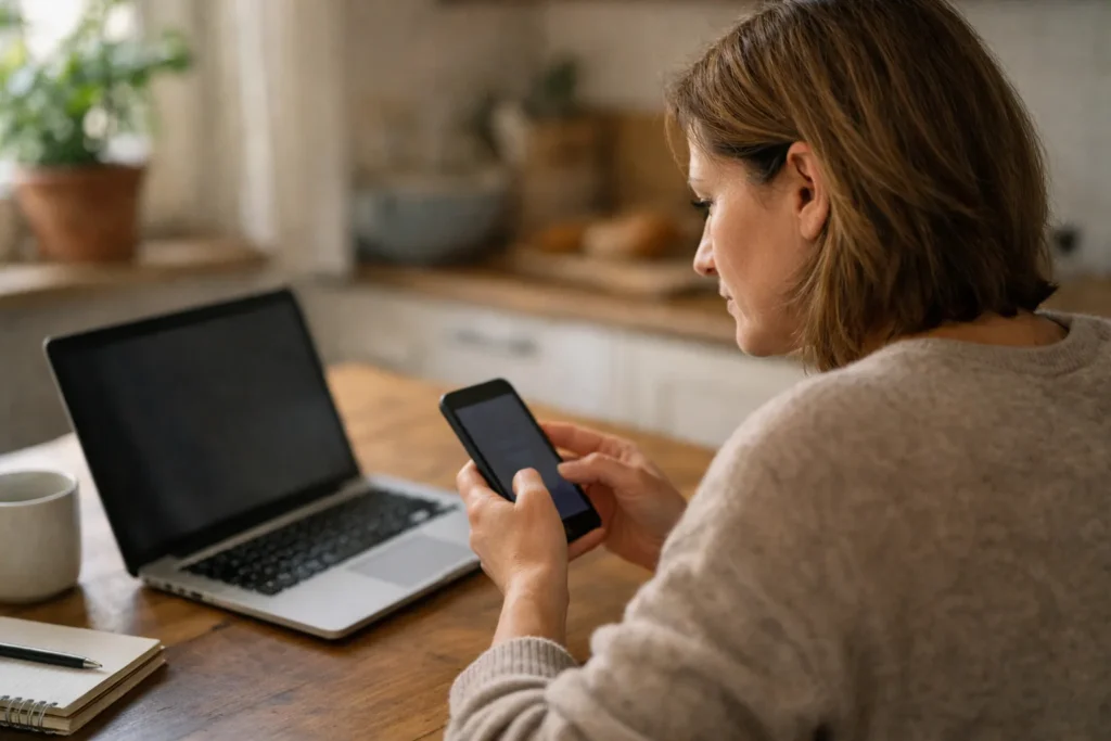 Persoon bekijkt een telefoon aan de keukentafel om weer toegang tot een TikTok account te krijgen.