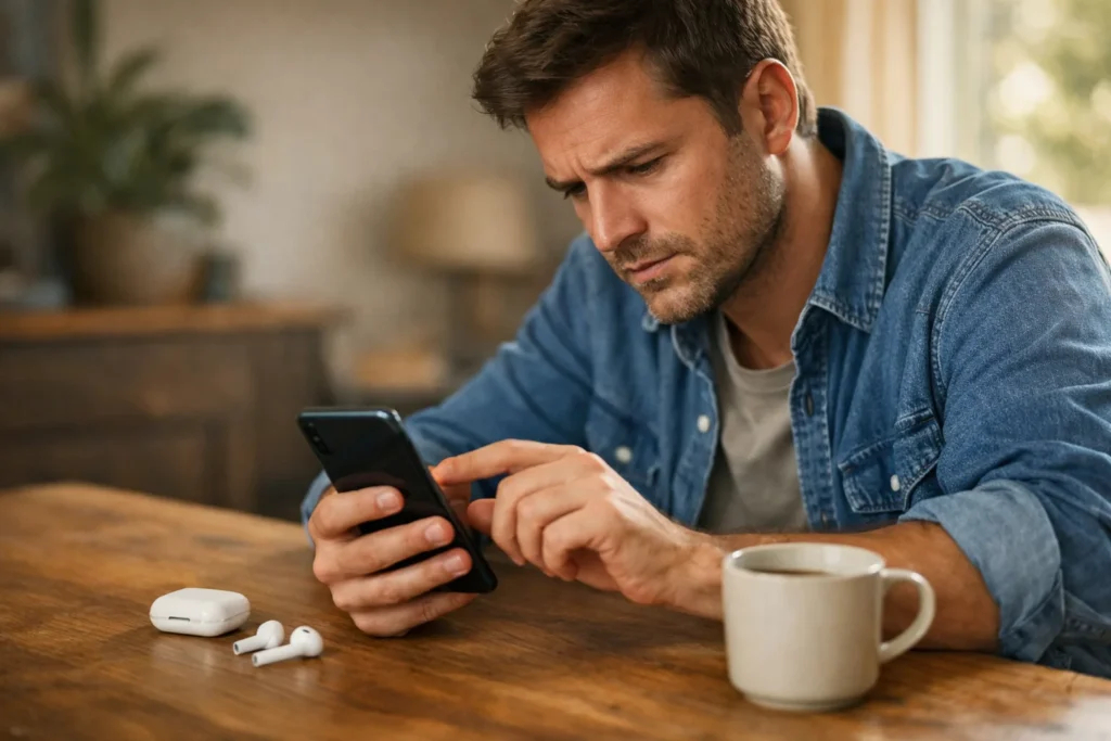 Iemand controleert een telefoon aan tafel omdat TikTok hapert, met draadloze oortjes ernaast.