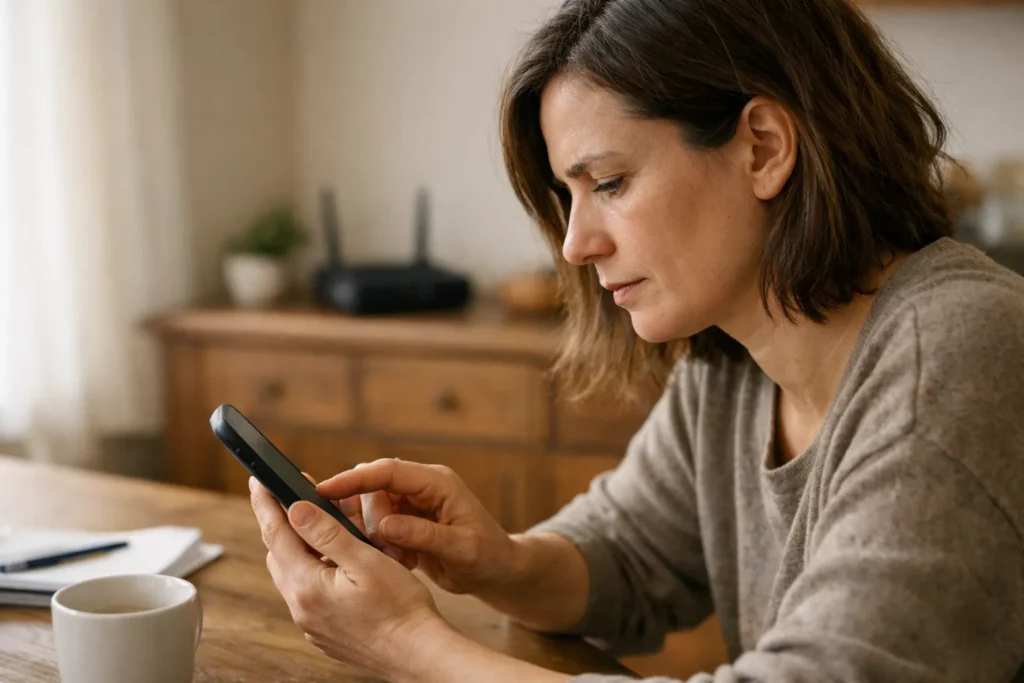 Persoon aan de keukentafel die de telefoon controleert omdat TikTok niet werkt.