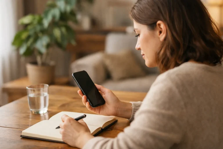 Persoon bekijkt een telefoon met een notitieboek erbij om een daling in TikTok views te onderzoeken.