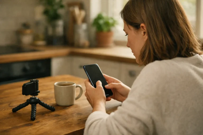 Persoon controleert een smartphone aan de keukentafel na het opnemen van een video.