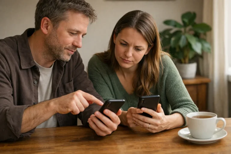 Twee mensen controleren samen op hun telefoons of een geplaatste video zichtbaar is.