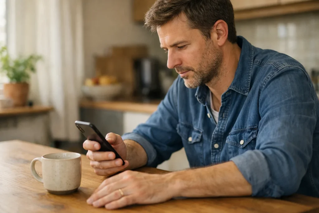 Persoon bekijkt een smartphone aan de keukentafel.