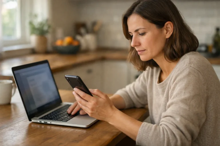 Iemand bekijkt een smartphone met een open laptop erbij aan de keukentafel.