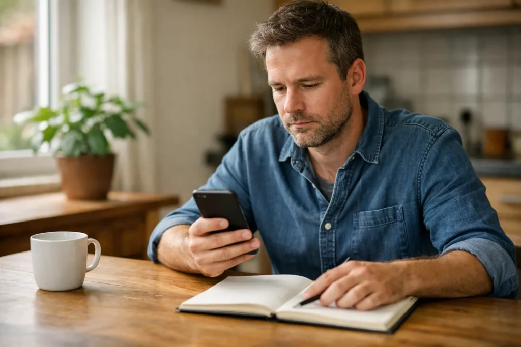Persoon bekijkt een telefoon aan de keukentafel met een open notitieboek ernaast.