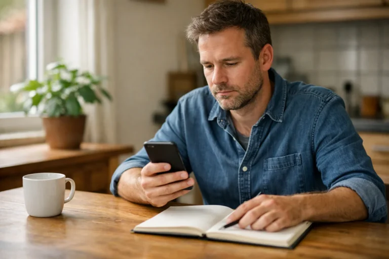 Persoon bekijkt een telefoon aan de keukentafel met een open notitieboek ernaast.